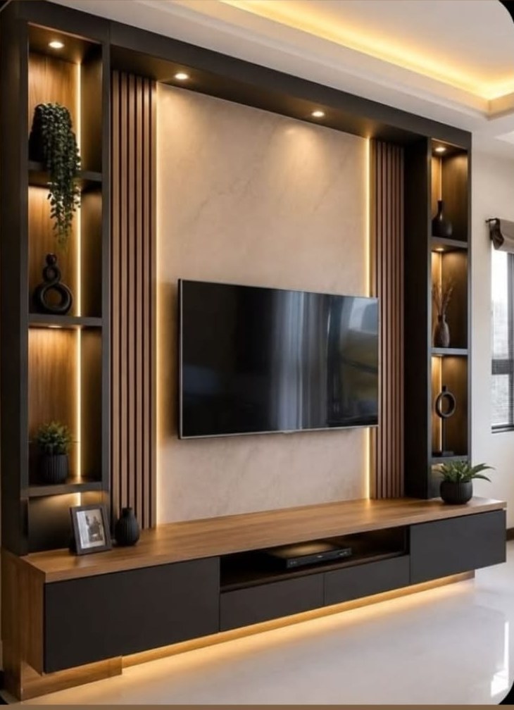 Backlit wood and charcoal television unit designed by Ultimate Interior Solutionz